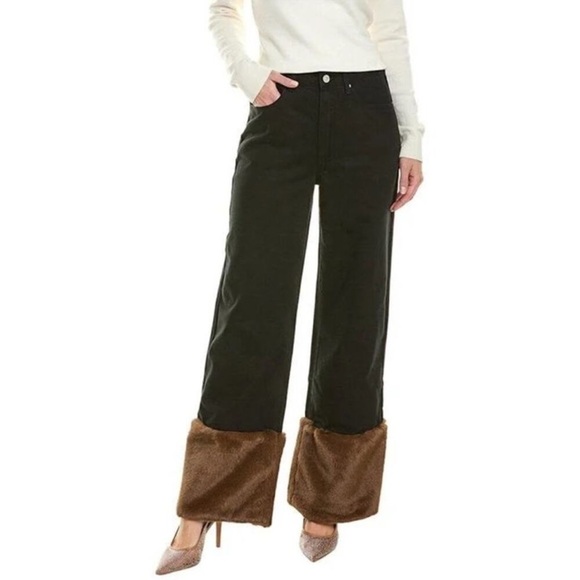 WeWoreWhat Denim - WeWoreWhat Faux Fur Straight Leg Jean Black Denim & Brown Faux Fur - Reemoly